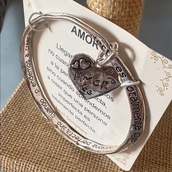 Silver Tone Heart Charm Bangle Bracelet - Inspirational Tag - Picture 3 of 3